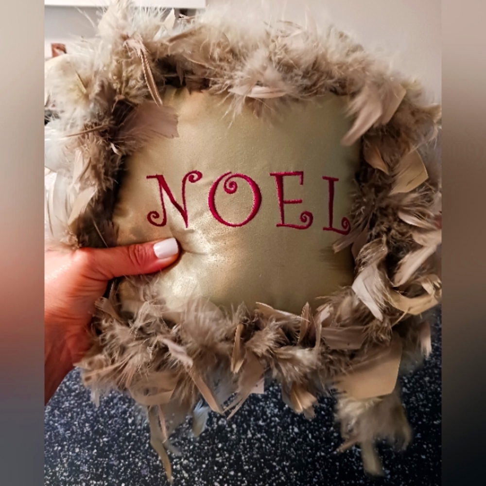 Noel Satin Christmas Pillow w/feathers, 9" x 9", Sage Green/Purple